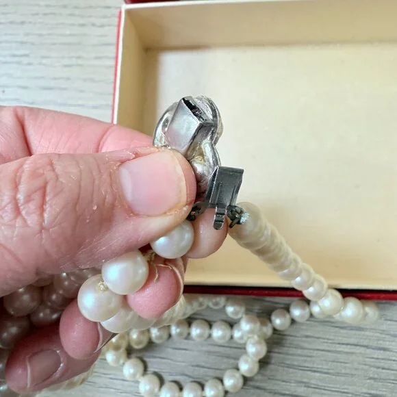 Vintage Double Strand Faux Pearl Necklaces with Rhinestone Clasp - Picture 6 of 11